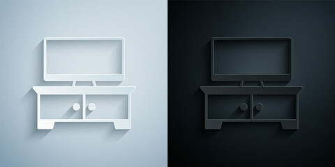 Paper cut TV table stand icon isolated on grey and black background. Paper art style. Vector