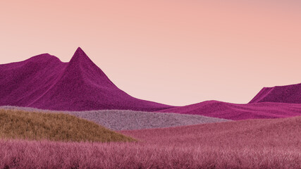 Sunset mountains landscape with purple peaks and pink sky. Minimal abstract background. Shaggy surface with a slight noise.3d rendering