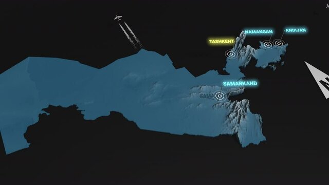 Seamless looping animation of the 3d terrain map at nighttime of Uzbekistan with the capital and the biggest cites in 4K resolution