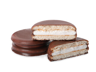 Delicious choco pies on white background. Classic snack cakes