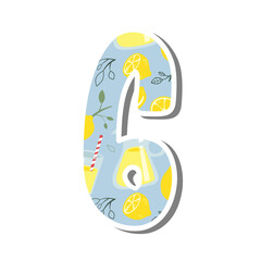 Cute number '6' six with Lemonade Pattern on white silhouette and gray shadow. Lovely letter design for decoration. Vector Illustration about lettering.