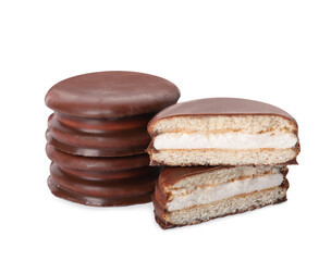 Delicious choco pies on white background. Classic snack cakes
