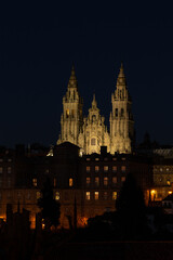 Skyline view over the Cathedral of Santiago de Compostela by night, Galicia, Spain.