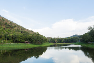 Fototapeta na wymiar Khao Ruak Reservoir at Namtok Samlan National Park in Saraburi Thailand is a reservoir that tourists come to relax or camping during the holiday 