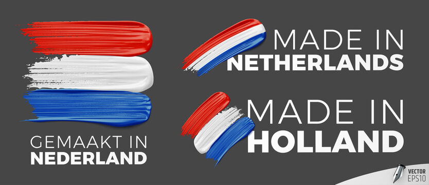 Vector logos on a dark grey background : "Made in Netherlands", "Made in Holland", "Gemaakt in Nederland"
