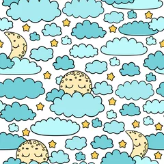 Tuinposter Kawaii moon pattern. Full moon, yong moon, stars, clouds print. Cute set of night icons. Night children background. Cartoon moon face backdrop. Color pastel heavenly body. Bedtime stories  texture. © Belchatina