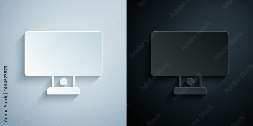 Poster paper cut computer monitor icon isolated on grey and black background. pc component sign. paper art 
