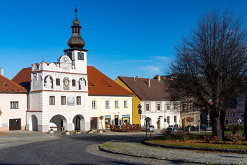 Fototapeta na wymiar Town hall on square in Volyne, Southern Bohemia, Czech Republic