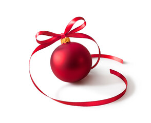 Red bauble, christmas ball with a ribbon decoration, isolated on white background. Clipping path included.