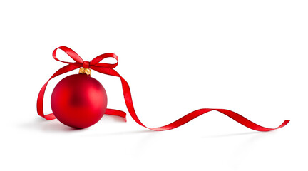 Red bauble, christmas ball with a ribbon decoration, isolated on white background. Clipping path...