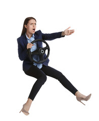 Angry woman with steering wheel against white background