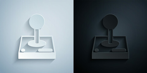 Paper cut Joystick for arcade machine icon isolated on grey and black background. Joystick gamepad. Paper art style. Vector © Iryna