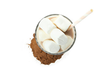 Cocoa with marshmallows in glass isolated on white background
