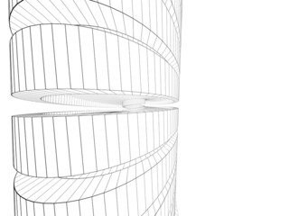 Outline wire frame spiral tower model over white background, 3d