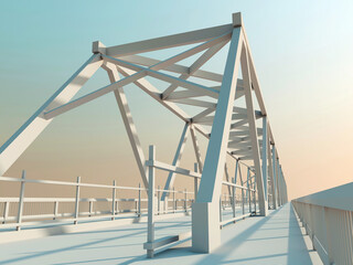 Modern truss bridge model under evening sky, perspective view, 3d