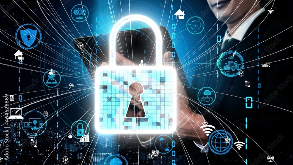 Poster cyber security encryption technology to protect data privacy conceptual . 3d render computer graphic