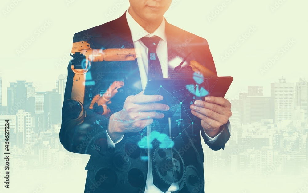 Poster mechanized industry robot arm and factory worker double exposure . concept of robotics technology fo
