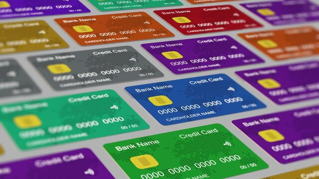 top view of a grid of colorful credit cards (3d render)