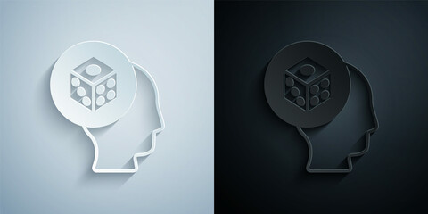 Paper cut Game dice icon isolated on grey and black background. Casino gambling. Paper art style. Vector