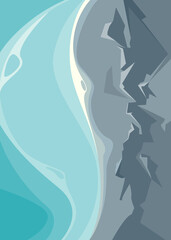 Poster with ocean and rocks. Placard design in flat style.