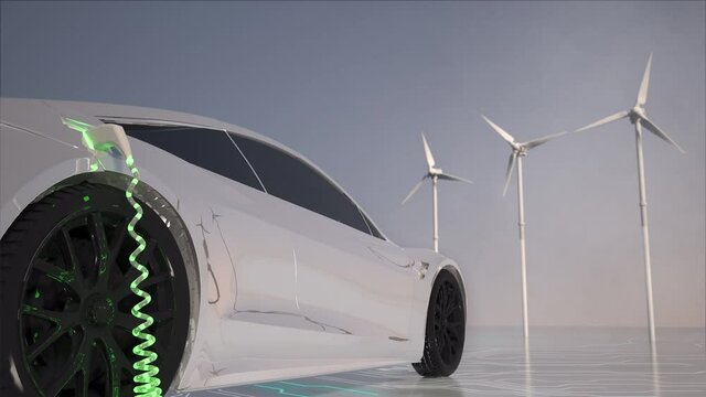 Generic electric car charging with solar panels and wind turbines in background. Green energy concept. Generic car and logo design, logo in shape of plug, no intellectual property infringement