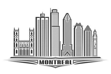 Vector illustration of Montreal, monochrome horizontal poster with linear design famous montreal city scape, urban line art concept with decorative letters for black word montreal on white background. - obrazy, fototapety, plakaty