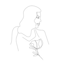 Abstract minimalistic contemporary portrait of a young woman in profile, hand-drawn lines. Beautiful female with a flower. Vector graphics.