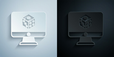 Paper cut Game dice icon isolated on grey and black background. Casino gambling. Paper art style. Vector