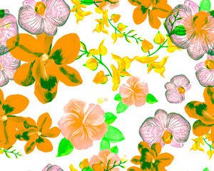 Orange Flower Garden. Autumn Hibiscus Textile. Yellow Tropical Painting. Red Exotic Print . Seamless Jungle. Pattern Design. Summer Print. Orchid Painting.