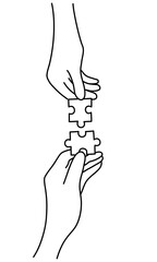 Hands solving jigsaw puzzle.