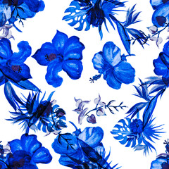 Indigo Hibiscus Textile. Azure Flower Painting. Beryl Seamless Palm. Watercolor Textile. Pattern Wallpaper. Blue Tropical Backdrop. Exotic Painting. Art Texture.