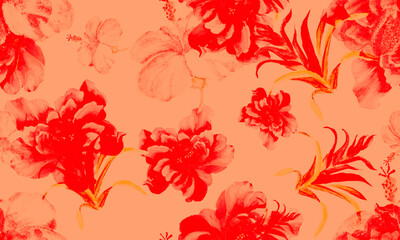 Red Hibiscus Print. Scarlet Flower Backdrop. Pink Seamless Design. Coral Watercolor Foliage. Pattern Set. Tropical Wallpaper. Exotic Set. Art Leaves.