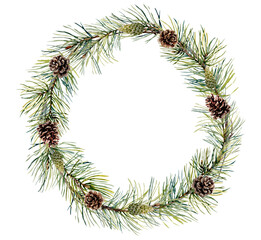 Fototapeta premium Wreath of pine branches with cones. Watercolor illustration. Winter Christmas decor.