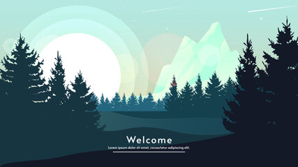 Vector landscape background illustration with beautiful green colors. Evening or morning with sunrise or sunset with mountains and forest. Greeting background. Sun with blick and rays.