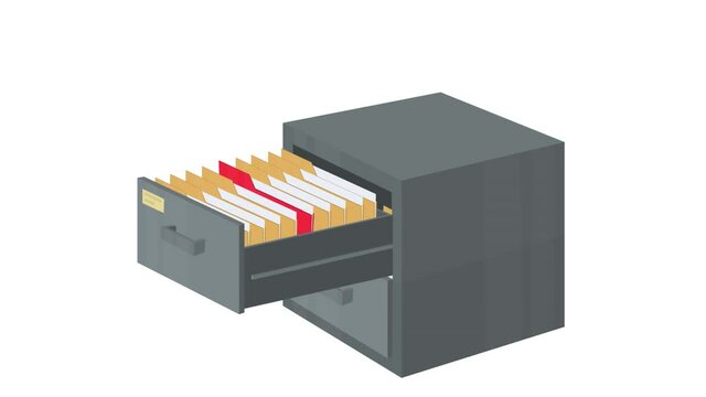 Archive with documents. Animation of a drawer with folders for files, alpha channel. Cartoon
