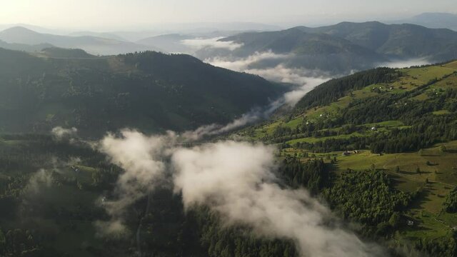 Aerial drone view of beautiful valley between mountains during misty sunrise morning. Magical fog in ravine. Nature background, solitude, beauty of earth concept.