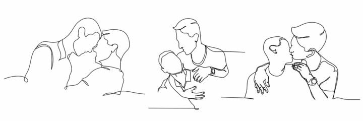 Vector continuous one single line drawing icon of set vector of gay male couple in silhouette on a white background. Linear stylized.