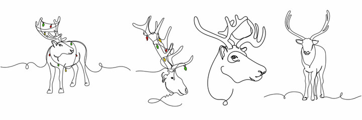 Vector continuous one single line drawing icon of set vector of reindeer with christmas style in silhouette on a white background. Linear stylized.