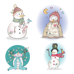 Funny snowman Christmas character set isolated on white background vector illustration