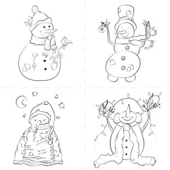 Funny snowman Christmas character set coloring book page vector illustration