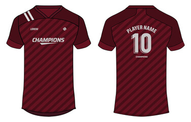 Sports t-shirt jersey design concept vector template, Vertical striped v neck Football jersey concept with front and back view for Soccer, Cricket, Volleyball, Rugby, tennis, badminton uniform kit