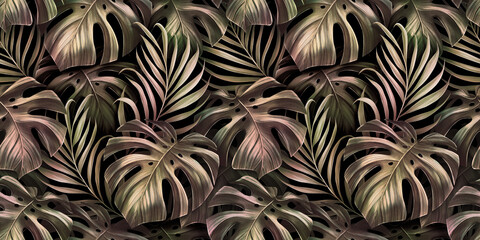 Tropical seamless pattern with palm leaves, monstera leaves in golden pink gradient. Hand-drawn dark vintage 3D illustration. Glamorous exotic abstract background. Good for luxury wallpapers, cloth - obrazy, fototapety, plakaty