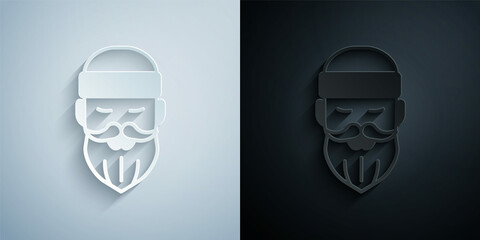 Paper cut Bearded lumberjack man icon isolated on grey and black background. Paper art style. Vector