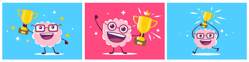 Vector set of creative illustration of happy champion pink brain in glasses with golden winner cup on color background. Flat doodle style knowledge concept design of happy human brain character