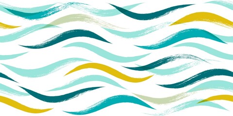 Seamless Wave Pattern, Hand drawn water sea vector background. Watercolor wavy beach brush stroke, curly grunge paint lines, modern design