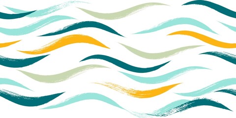 Seamless Wave Pattern, Hand drawn water sea vector background. Watercolor wavy beach brush stroke, curly grunge paint lines, modern design