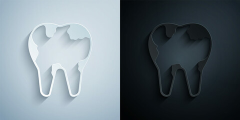 Paper cut Broken tooth icon isolated on grey and black background. Dental problem icon. Dental care symbol. Paper art style. Vector