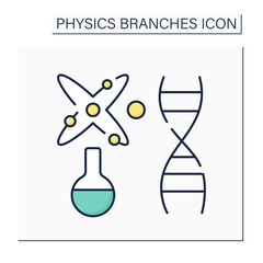 Biophysics color icon. Nature research through physical and physico-chemical phenomena. Origin, formation of vital activity. Physical branches concept. Isolated vector illustration