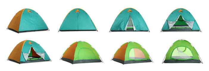 Colorful camping tents on white background, collage. Banner design - obrazy, fototapety, plakaty