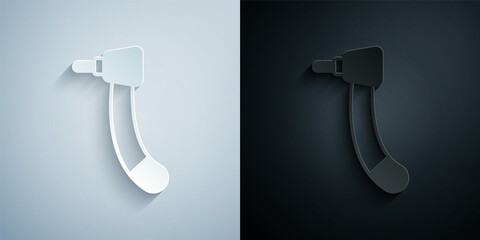 Paper cut Tooth drill icon isolated on grey and black background. Dental handpiece for drilling and grinding tools. Paper art style. Vector